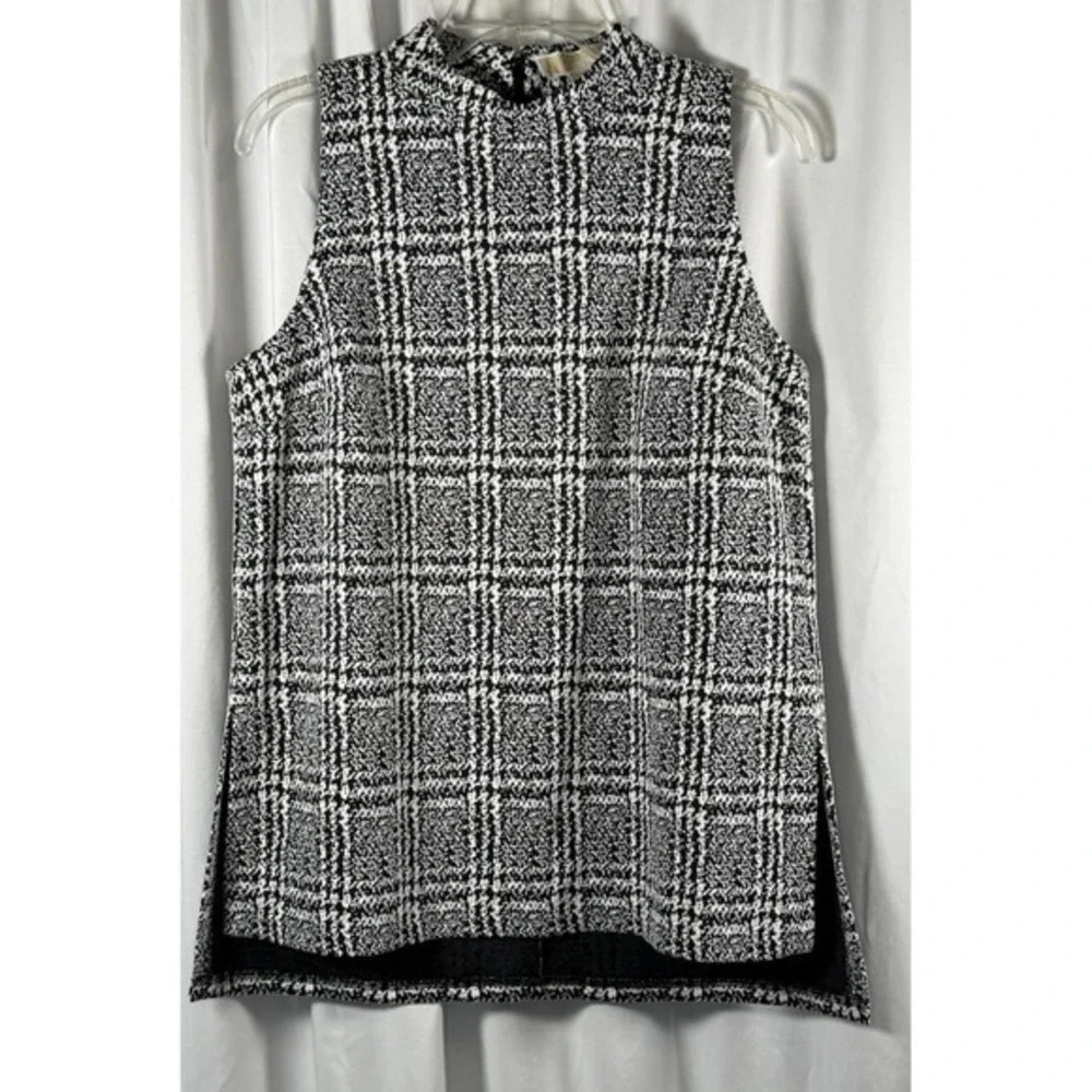 Michael Kors Black‎ White Plaid Mock Neck Sleeveless Tunic Top L Preppy 86-34